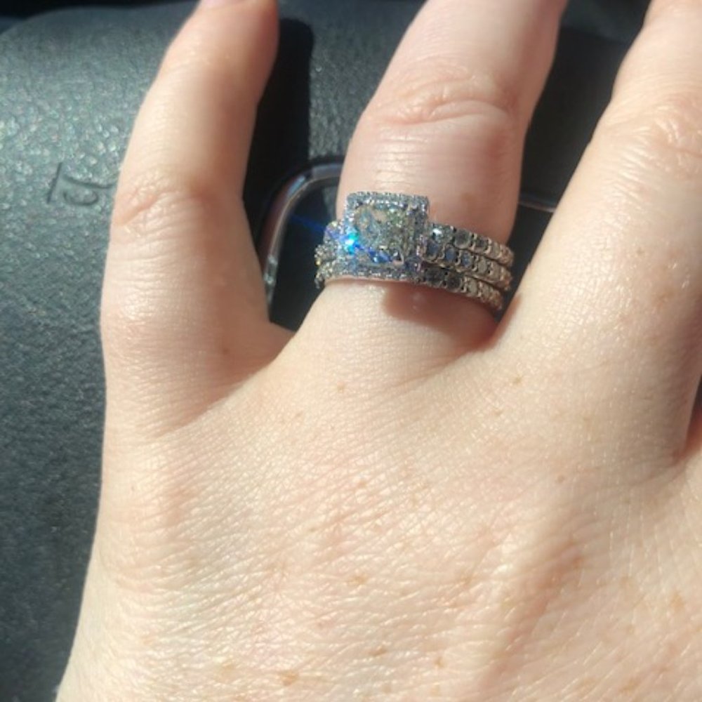 1.01 Cushion Cut with Princess Halo Engagement ring and 2 diamond Bands
